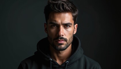Obraz premium Handsome man wears black hoodie. Upper body portrait. Serious expression. Confident look. Casual attire. Stylish model. Dark background. Photogenic man. Stylish portrait. Youthful appearance. Man
