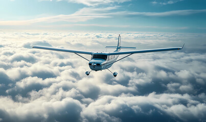 Fototapeta premium Cessna airplane flying above the clouds, isolated against a blue sky, symbolizing adventure and the freedom of flight