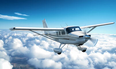 Fototapeta premium Cessna Airplane Flying Above Clouds, Isolated for Aerial Travel and Aviation Photography