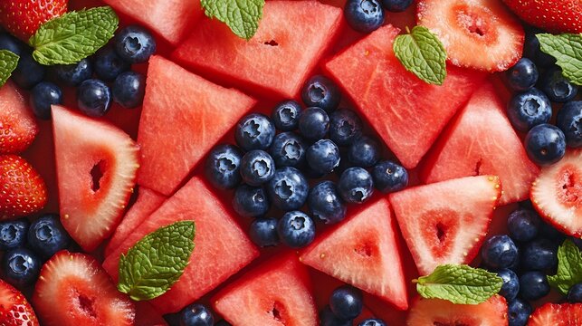 Top down view of fresh American fruit salad with watermelon blueberries strawberries and mint leaves arranged in a circular pattern