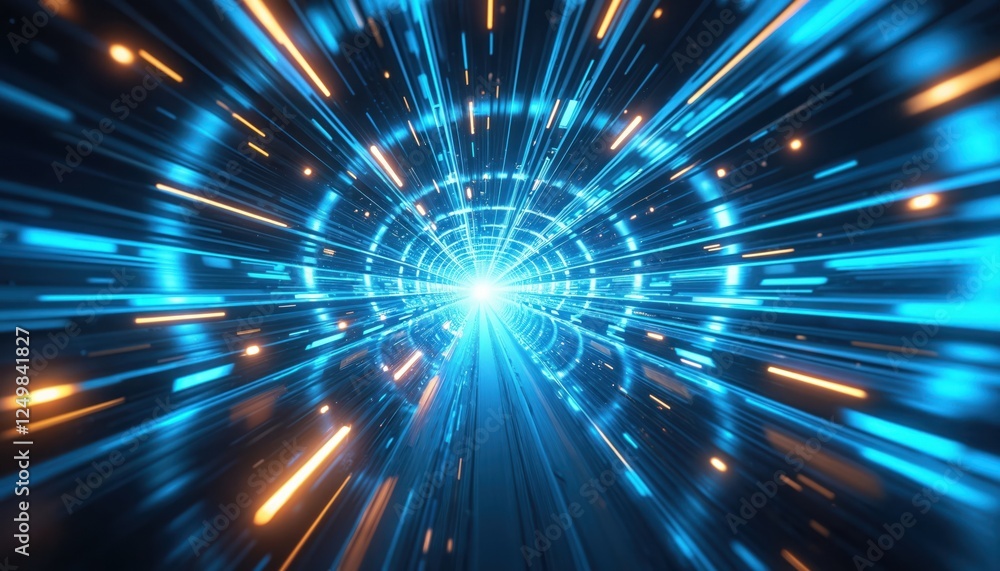 Poster abstract digital tech tunnel with fast blue light lines, glowing effects. futuristic design shows da