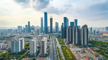 Obraz premium Aerial View of Modern Cityscape with Skyscrapers and Urban Development