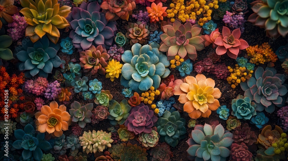 Poster A captivating garden brimming with an array of colorful succulents, showcasing unique shapes and intricate textures. The rich brown soil beautifully contrasts with the vivid hues of the plants