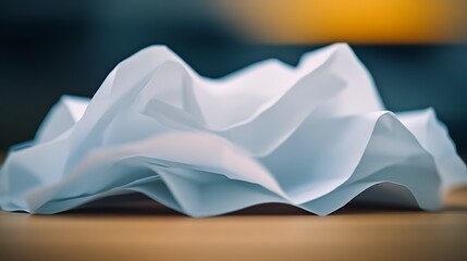 Crumpled white paper resting on a wooden surface, with a blurred warm background, ideal for creative projects
