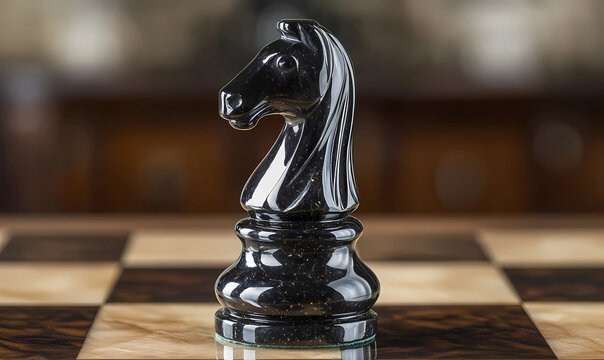 Onyx chess piece poised on a mahogany board, symbolizing strategy, precision, and intellectual challenge