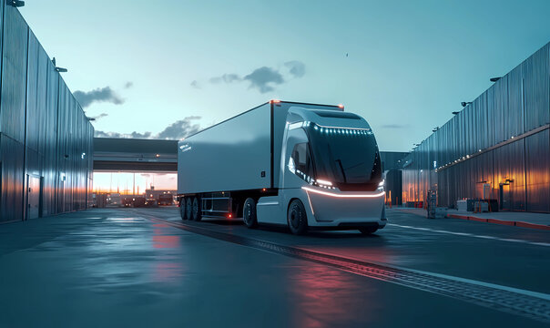 Self-driving transport truck leaving a high-tech terminal, representing automation and innovation in logistics