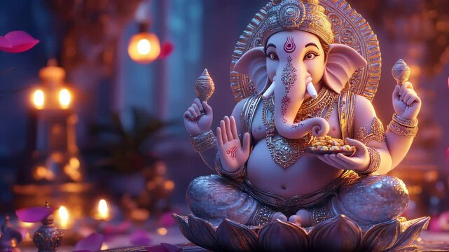 Pink petals fall gently around a serene ganesha statue, illuminated by warm lights in a mystical setting