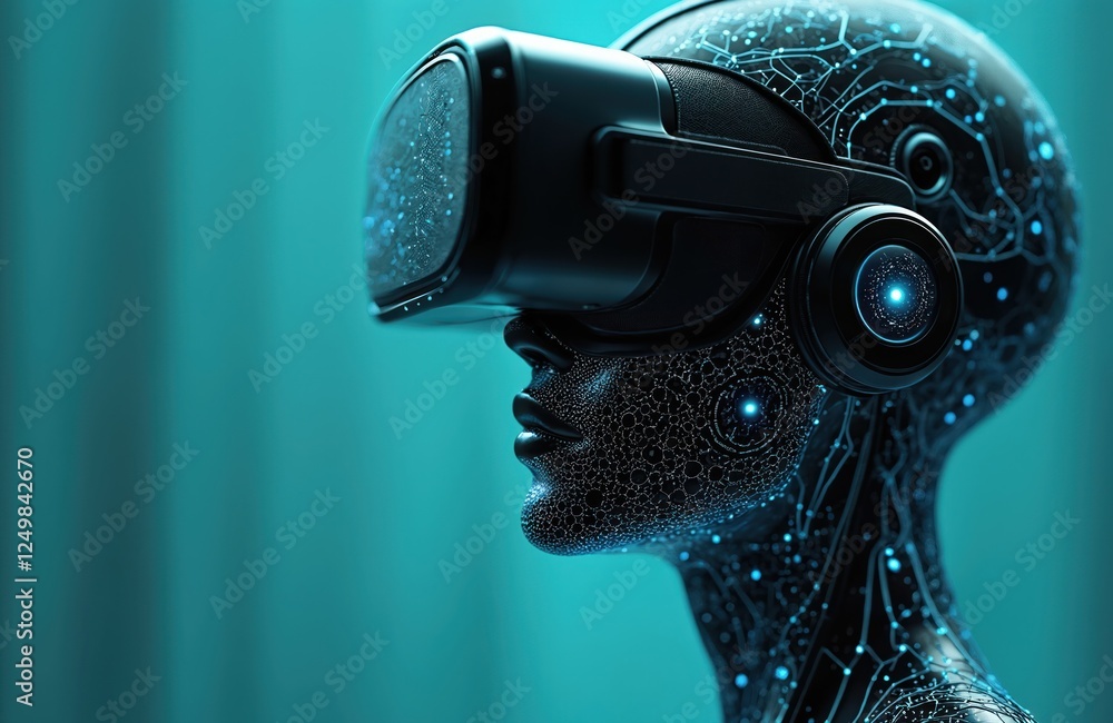 Poster humanoid head with vr headset. future tech concept. cybernetic face. artificial intelligence. advanc