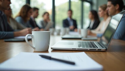 Business people sit in conference room around table. Laptops notepads, coffee cups on table. Meeting seminar in progress. Modern office interior. Pro environment. Discussion, collaboration happening.