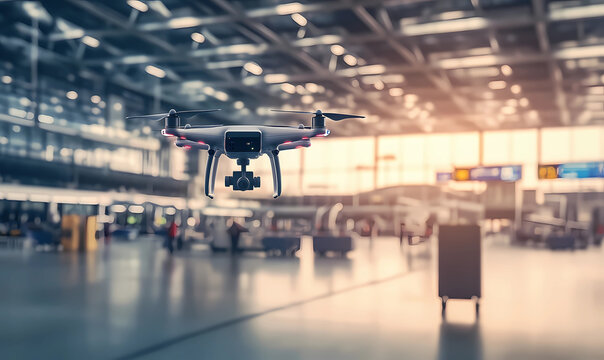 Drone rising from an airport terminal, showcasing high-tech air transport and automated delivery technology