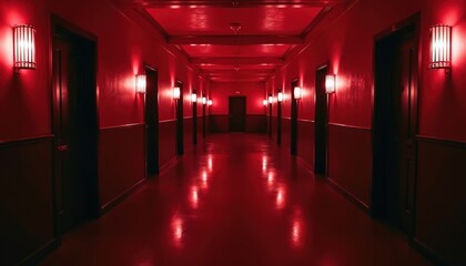 Red hallway in hotel. Empty, long corridor. Dark, creepy atmosphere. Stylish interior with dark doors, walls. Perspective creates sense of mystery. Elegant lighting red color. Suitable for horror
