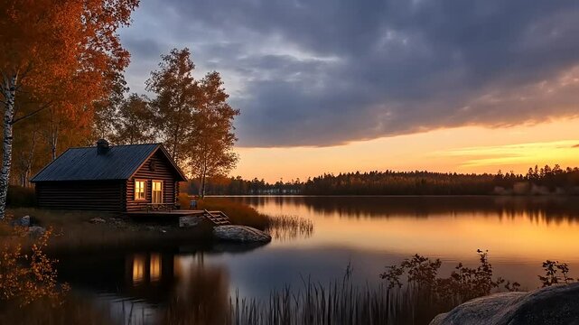 Tranquil Autumn Landscape with Cabin by Serene Lake and Reflections