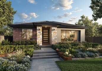 Modern single-story house with stone facade, landscaped garden, and stairs.