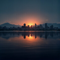 Obraz premium a serene lakeside view at dusk, with a city skyline in the background. The sun is setting, casting warm orange and yellow hues over the scene, and the calm lake reflects the silhouet