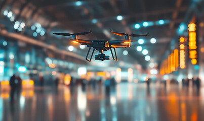 Drone rising from an airport terminal, showcasing advanced technology and the future of air transport