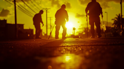 A group of people walking down a street at sunset