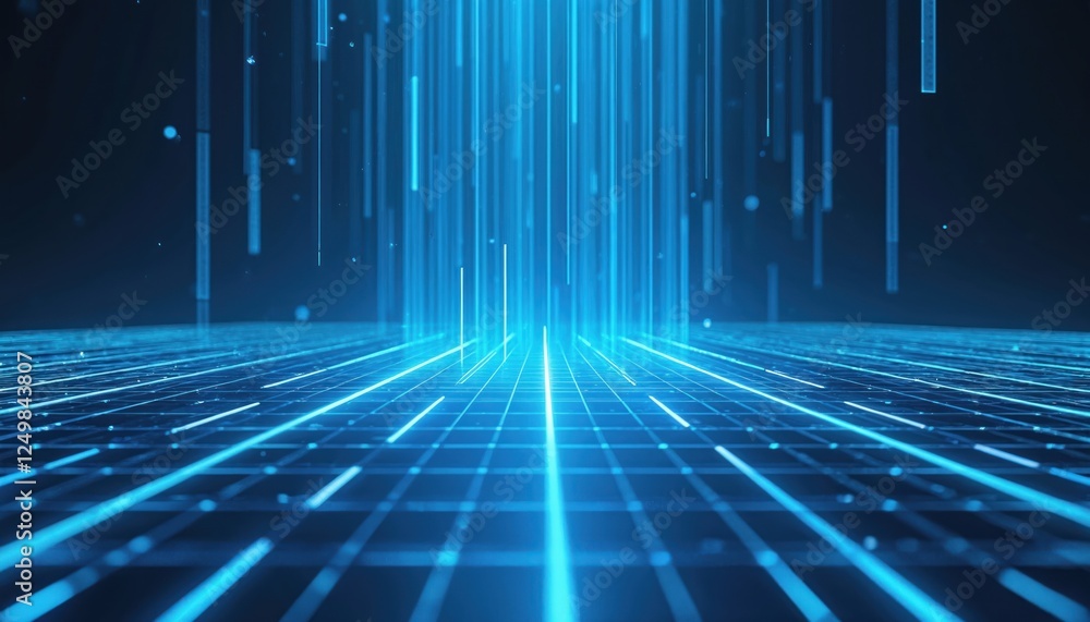 Poster futuristic tech design with light blue laser rays shining on grid floor. glowing lines create dynami