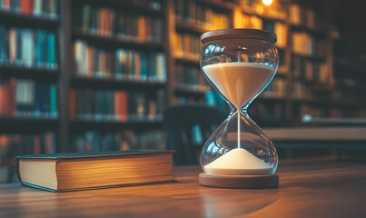 Glass hourglass flowing on a library desk, symbolizing the passage of time, knowledge, and intellectual pursuits