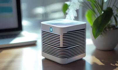 Cube-shaped air purifier with ventilation slats, designed for optimal air filtration in modern home or office spaces