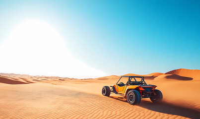 Fototapeta premium Sand dune buggy riding through the desert, isolated on a vast expanse, representing adventure and off-road exploration