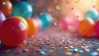Festive virtual party scene. Colorful balloons and confetti fill virtual background. Ideal for Zoom parties. Festive decorations add to joyous mood. Perfect for birthdays or celebrations.