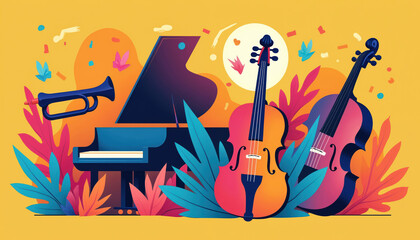 Vibrant music festival logo design features piano violin, trumpet. Colorful tropical plants surround instruments. Fun elements celebrate music. Creative design style. Ideal for branding concert
