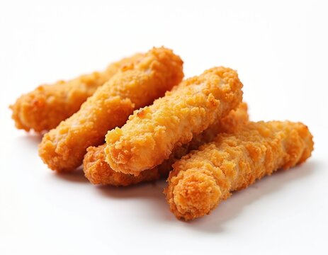 Crispy fried chicken fingers stacked on white background. Golden crispy snack food. Appetizing, delicious. Perfect for lunch snack. Tasty, boneless poultry. Ready to eat. Fried, tasty meal. Food