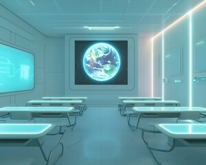 A detailed futuristic classroom featuring a holographic earth projection, minimalist furniture, and touch-sensitive desks glowing softly in dim lighting