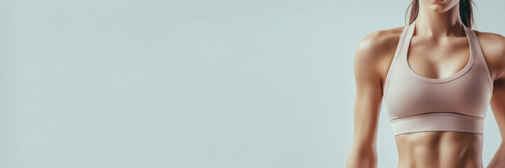 Sexy, slender body of a beautiful woman in pink clothes. Fitness or plastic surgery and aesthetic cosmetology. Banner for sports, fitness club, women's clothing store. Grey background, space for text