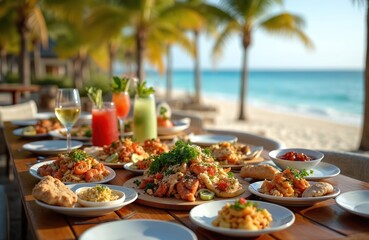 Beachfront dining experience. Table full of food, drinks. Seafood dishes, refreshing beverages like cocktails, juices on table. Relaxed vacation atmosphere with ocean view. Tropical setting.