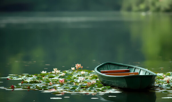 Pedal boat on a serene lake isolated among blooming lilies, offering a peaceful escape into nature