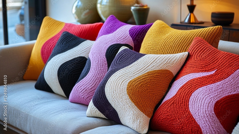 Poster a stunning display of luxurious knitted pillows arranged on a sofa showcases a variety of colors and