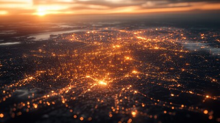 Fototapeta premium Aerial View of City Lights Illuminating Urban Landscape at Dusk