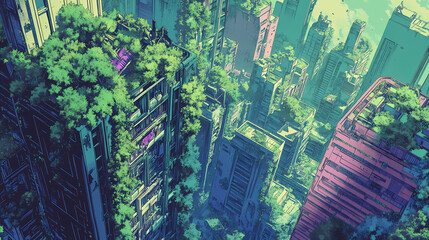 High-angle view of a futuristic city, nature reclaiming abandoned buildings, vibrant greenery amidst dystopia. utopia. illustration. Nature Reclaiming Cities. Illustration