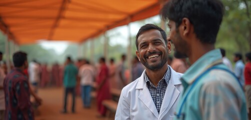 Indian doctor happily offers health care at free clinic in rural village. Community health outreach mission aims to improve healthcare access for underprivileged groups. People gather for vital