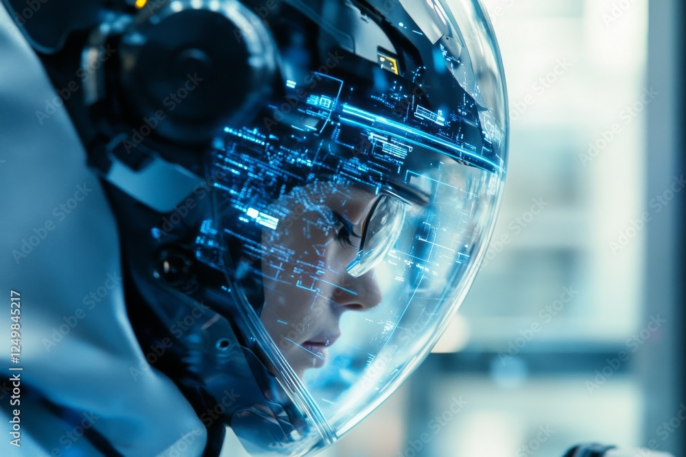 Poster close-up of an astronaut focusing on digital interface inside a futuristic helmet during a space mis