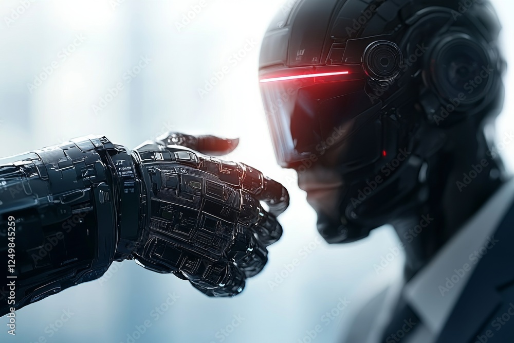 Poster interaction between humanoid robot and human in futuristic setting highlighting technology and emoti