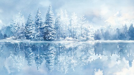 Snowy lake reflecting winter forest, tranquil scene, peaceful nature, winter wonderland background