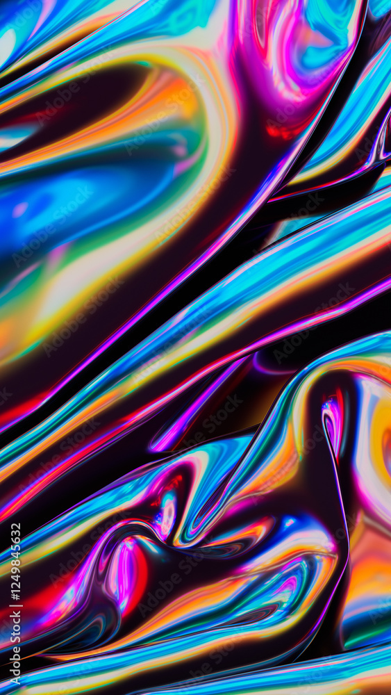 Poster abstract 3d rendering. retro digital fabric. sci-fi background. holographic neon foil. rainbow refle