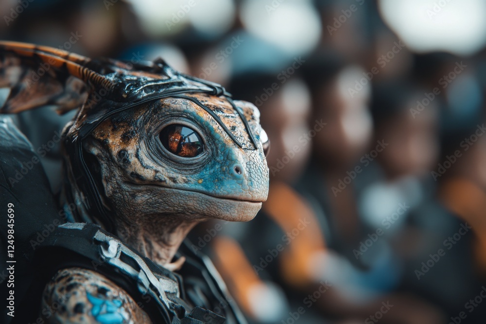 Poster futuristic creature with intricate armor captivates audience at an event in a vibrant setting