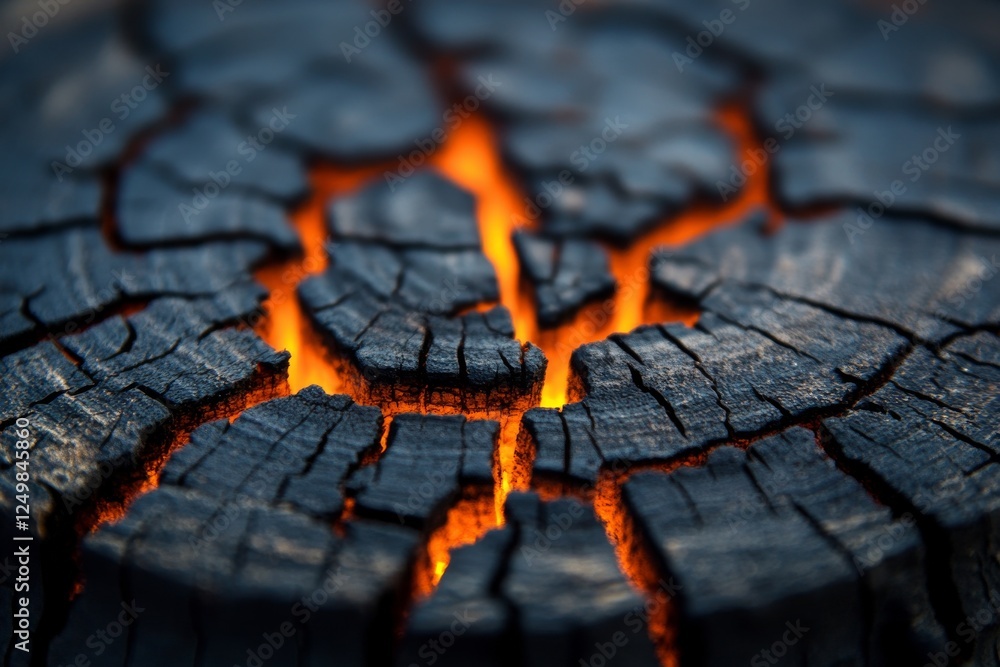Poster cracked wood surface illuminated by glowing embers creating a warm and inviting atmosphere in a natu