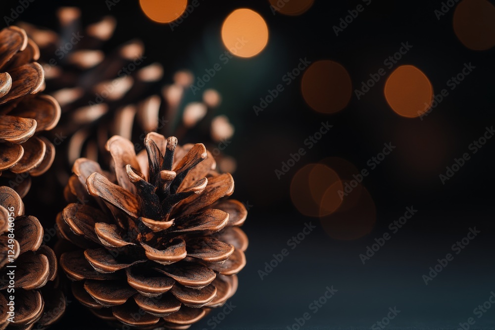 Poster close-up view of pinecones with soft bokeh background during a cozy winter evening