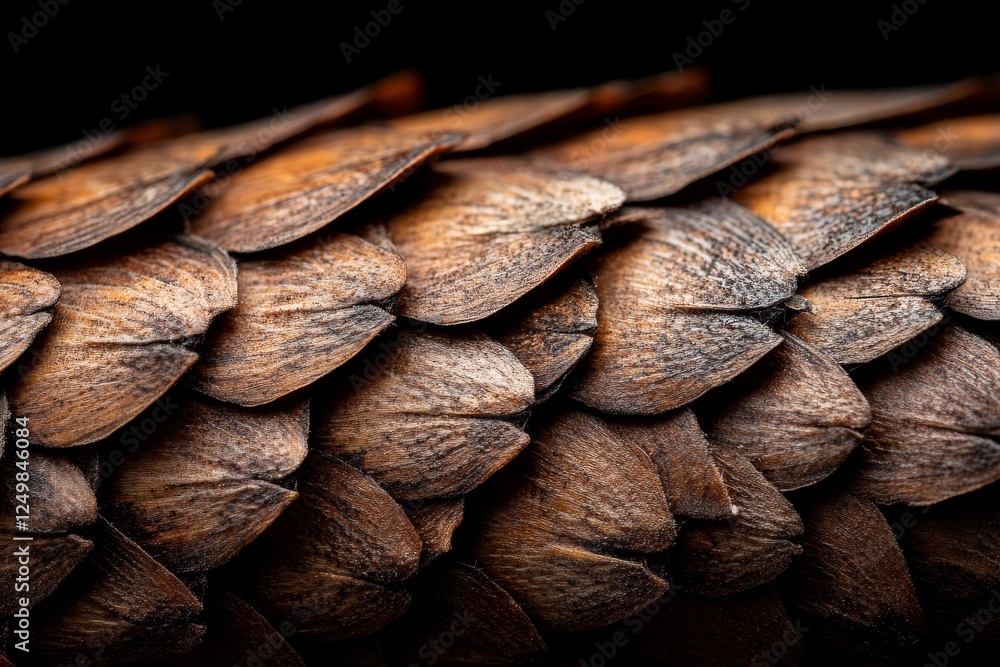 Poster detailed close-up of a pine cone showcasing the intricate patterns and textures of its scales in nat