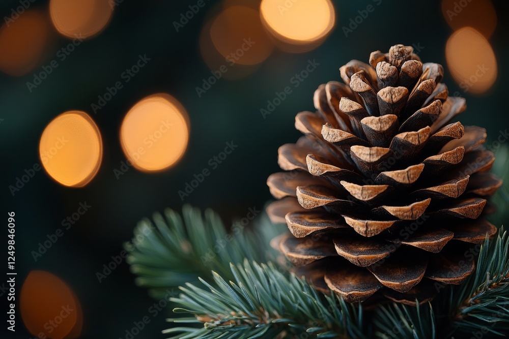 Poster pine cone resting on evergreen branches with blurred warm lights in the background during festive se