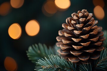 Pine cone resting on evergreen branches with blurred warm lights in the background during festive season