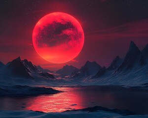 Stunning Red Moon Rising Over Jagged Mountains with Reflection in Calm Waters at Night