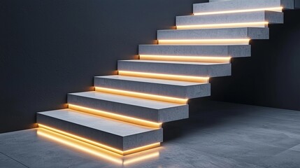 Minimalist concrete staircase with soft LED lights accentuating each step, surrounded by sleek urban home decor, modern architecture concept
