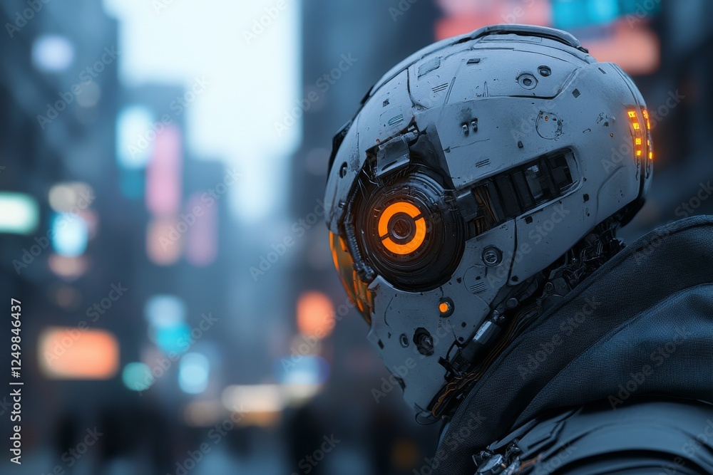 Poster futuristic robot with illuminated features exploring a neon city at dusk