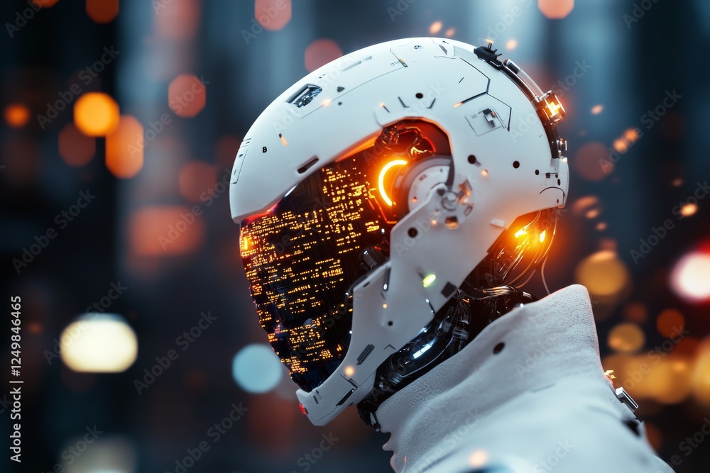 Poster futuristic robot head with glowing circuitry in a high-tech environment showcasing advanced technolo