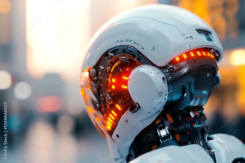 Poster futuristic robot with illuminated features exploring a bustling urban environment during sunset